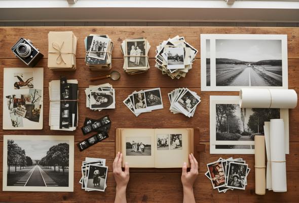An overhead flat lay of a wooden table covered with various types of photographs, including loose prints, Polaroids, film negatives, large format prints, and a photo album being held open by hands.