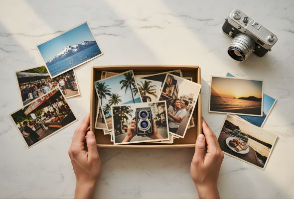 A pair of hands holding a shallow cardboard box filled with old printed photographs on a white marble table, with more photos and a vintage camera scattered around.
